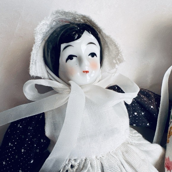 2 Vtg Porcelain Country Doll blue dot / Floral dress dollhouse 8.5" **read - Picture 3 of 10